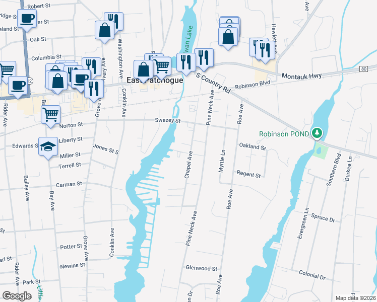 map of restaurants, bars, coffee shops, grocery stores, and more near 93 Chapel Avenue in East Patchogue