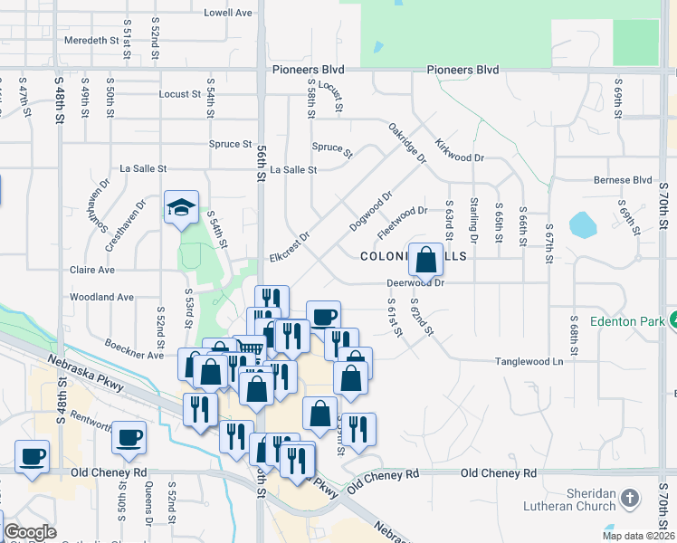 map of restaurants, bars, coffee shops, grocery stores, and more near 5830 Deerwood Drive in Lincoln