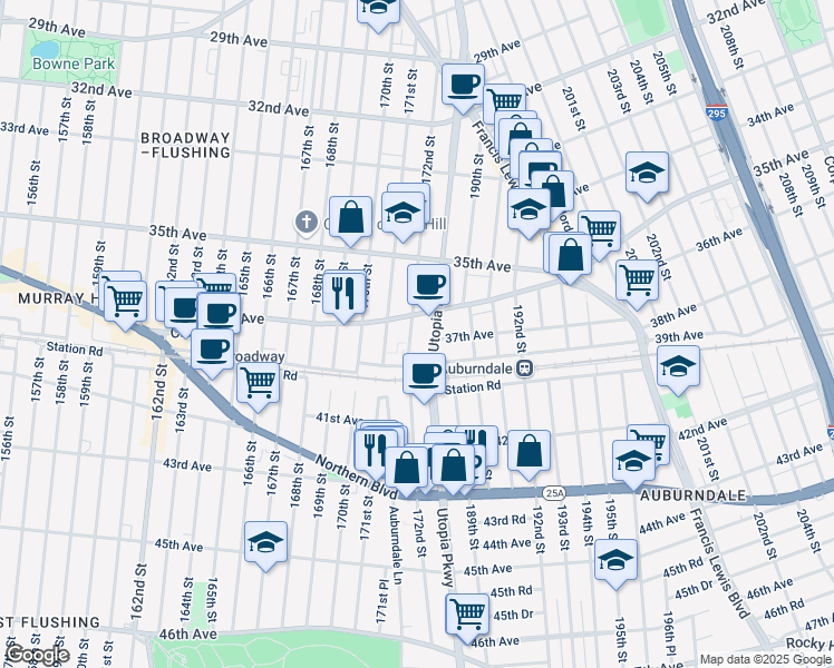 map of restaurants, bars, coffee shops, grocery stores, and more near 36-17 172nd Street in Queens