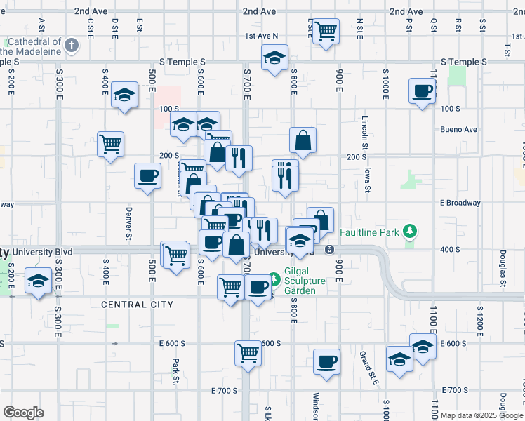 map of restaurants, bars, coffee shops, grocery stores, and more near 726 East 300 South in Salt Lake City