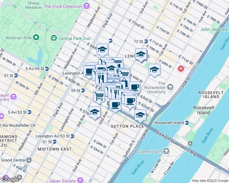 map of restaurants, bars, coffee shops, grocery stores, and more near 252 East 62nd Street in New York