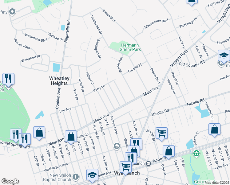 map of restaurants, bars, coffee shops, grocery stores, and more near 23 Hilltop Lane in Wheatley Heights