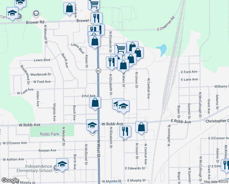 map of restaurants, bars, coffee shops, grocery stores, and more near 1540 N Elizabeth St in Lima