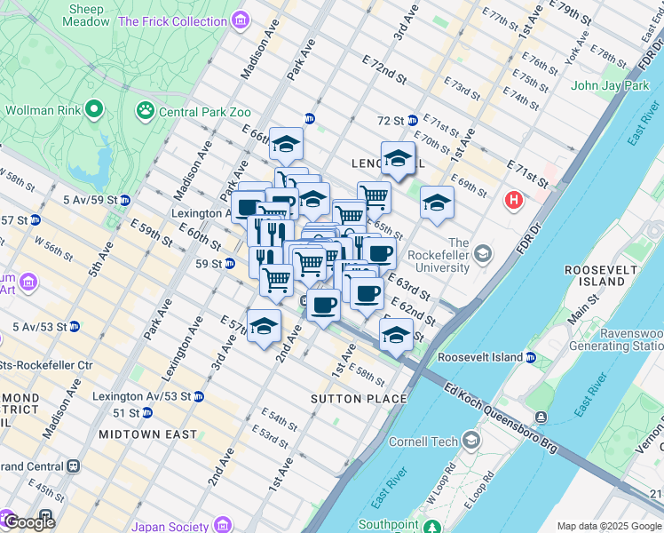 map of restaurants, bars, coffee shops, grocery stores, and more near 2nd Ave & E 62nd St in New York