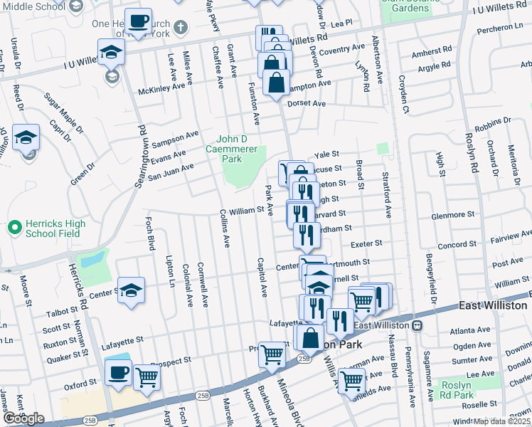 map of restaurants, bars, coffee shops, grocery stores, and more near 234 Park Avenue in Williston Park