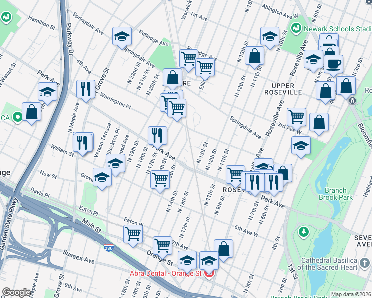 map of restaurants, bars, coffee shops, grocery stores, and more near 201 North 15th Street in East Orange