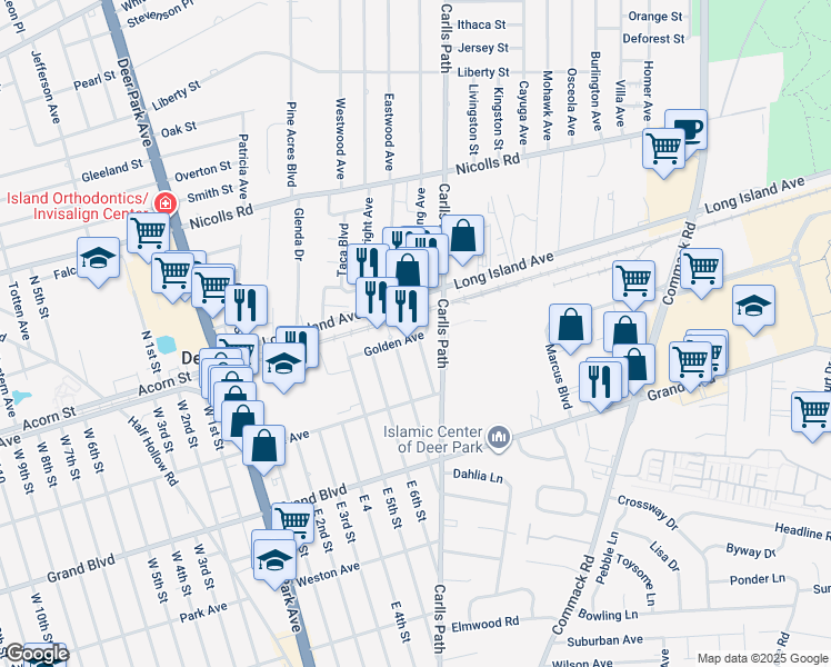 map of restaurants, bars, coffee shops, grocery stores, and more near 11 Golden Avenue in Deer Park