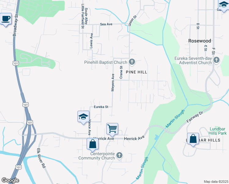 map of restaurants, bars, coffee shops, grocery stores, and more near 4901 Meyers Avenue in Eureka