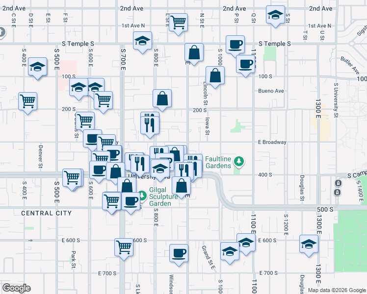 map of restaurants, bars, coffee shops, grocery stores, and more near 302 South 900 East in Salt Lake City