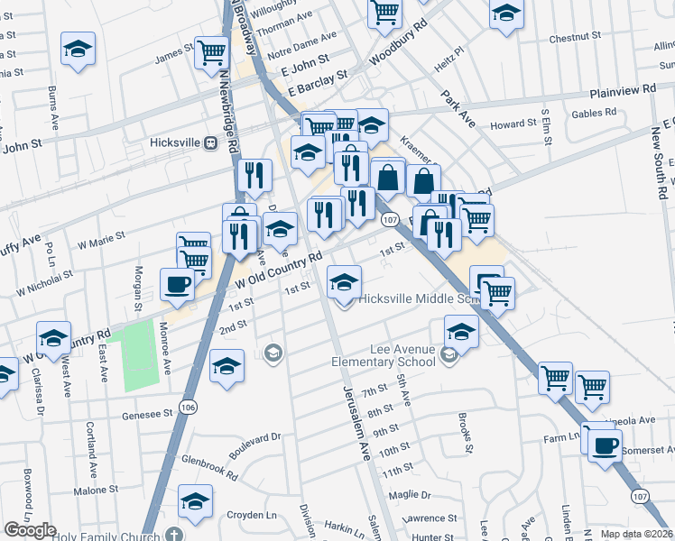 map of restaurants, bars, coffee shops, grocery stores, and more near 19 Sterling Place in Hicksville