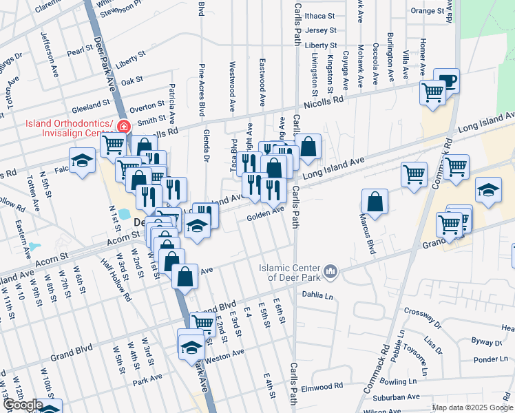 map of restaurants, bars, coffee shops, grocery stores, and more near 21 Golden Avenue in Deer Park