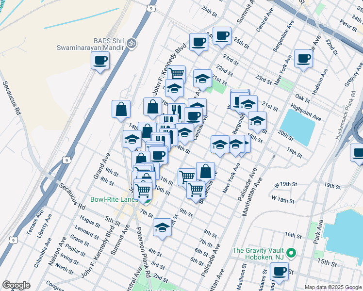 map of restaurants, bars, coffee shops, grocery stores, and more near 714 14th Street in Union City
