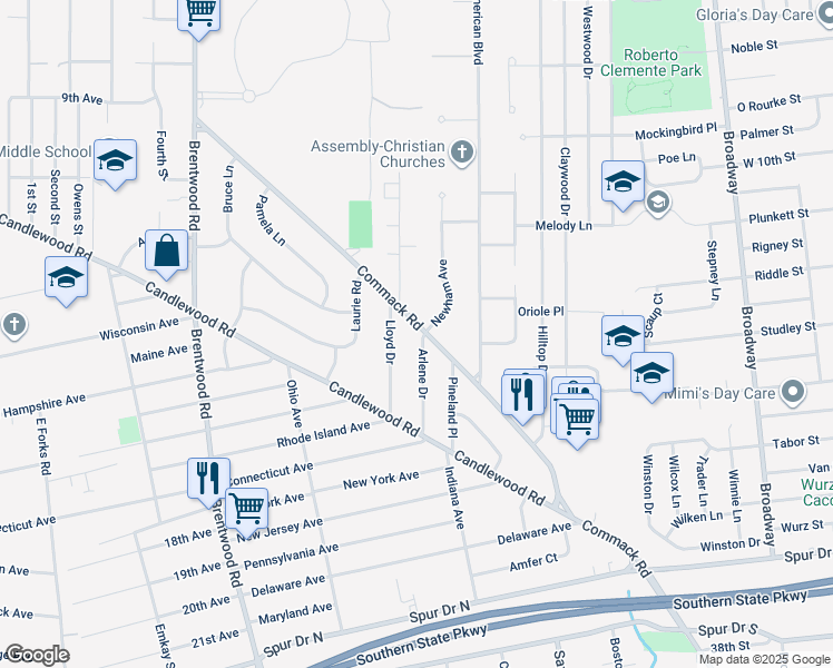map of restaurants, bars, coffee shops, grocery stores, and more near 54 Arlene Drive in Brentwood