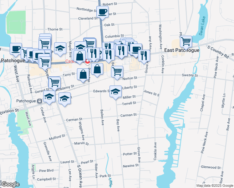 map of restaurants, bars, coffee shops, grocery stores, and more near 89 Bay Avenue in Patchogue