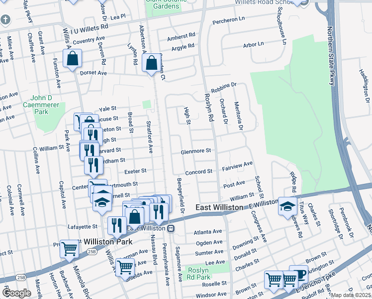 map of restaurants, bars, coffee shops, grocery stores, and more near 179 Glenmore Street in East Williston