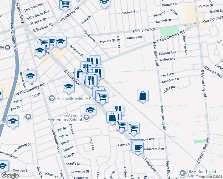 map of restaurants, bars, coffee shops, grocery stores, and more near 5 Lawnside Drive in Hicksville