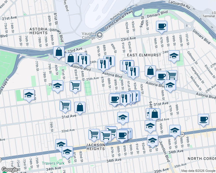 map of restaurants, bars, coffee shops, grocery stores, and more near 25-40 88th Street in Queens