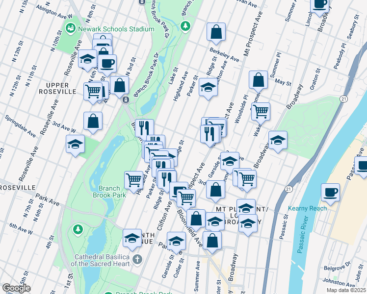 map of restaurants, bars, coffee shops, grocery stores, and more near 277 Ridge Street in Newark