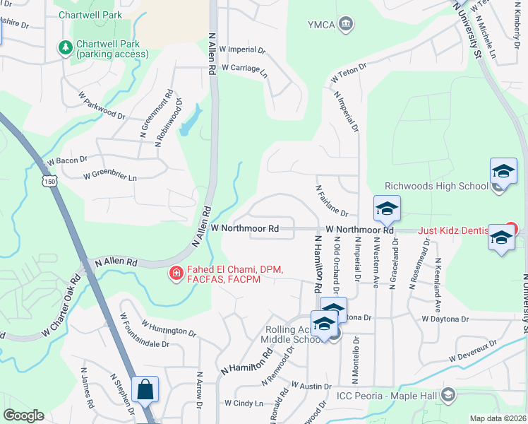 map of restaurants, bars, coffee shops, grocery stores, and more near 2241 West Warwick Drive in Peoria