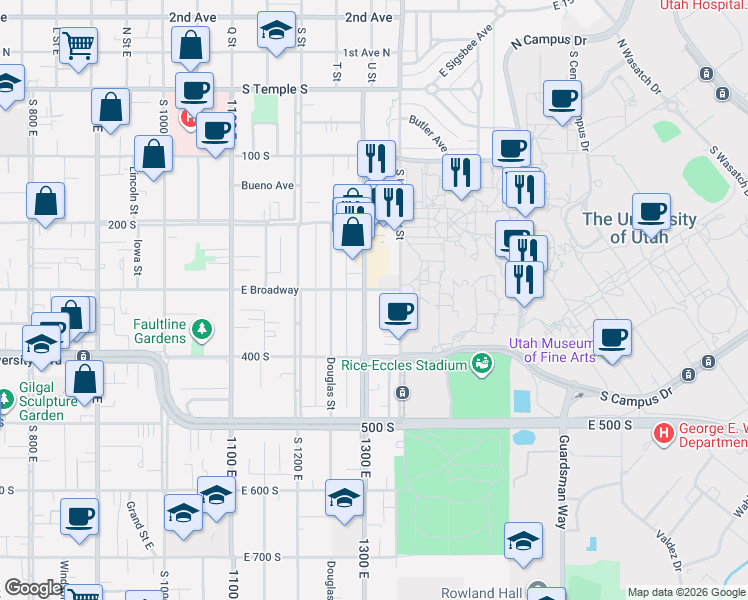 map of restaurants, bars, coffee shops, grocery stores, and more near 305 South 1300 East in Salt Lake City