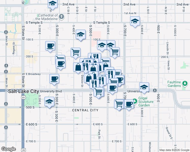 map of restaurants, bars, coffee shops, grocery stores, and more near 516 East 300 South in Salt Lake City