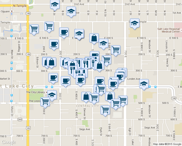 map of restaurants, bars, coffee shops, grocery stores, and more near 460 East 300 South in Salt Lake City