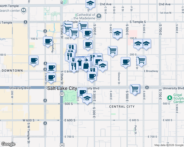 map of restaurants, bars, coffee shops, grocery stores, and more near 256 300 South in Salt Lake City