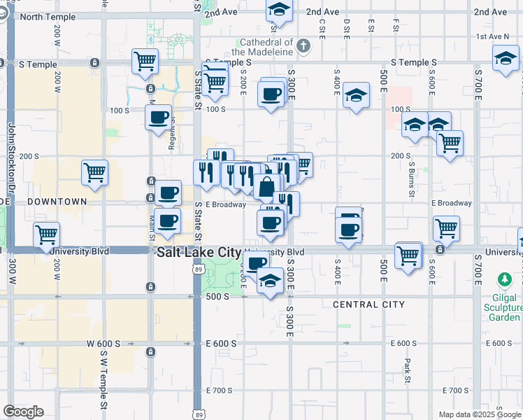 map of restaurants, bars, coffee shops, grocery stores, and more near 200 East 300 South in Salt Lake City