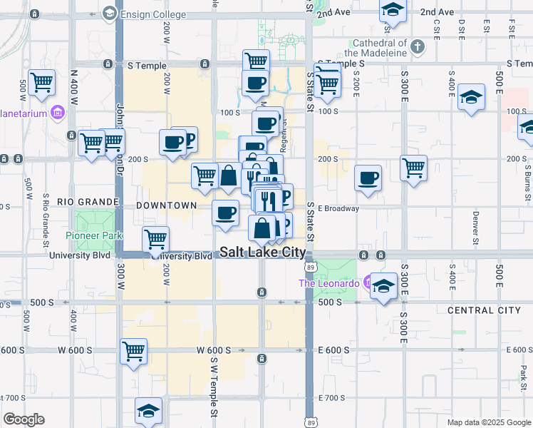 map of restaurants, bars, coffee shops, grocery stores, and more near 315 South Main Street in Salt Lake City