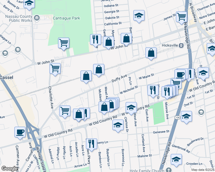map of restaurants, bars, coffee shops, grocery stores, and more near 358 West Nicholai Street in Hicksville