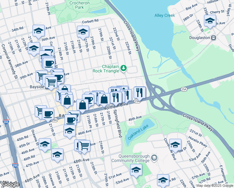 map of restaurants, bars, coffee shops, grocery stores, and more near 219-20 43rd Avenue in Queens
