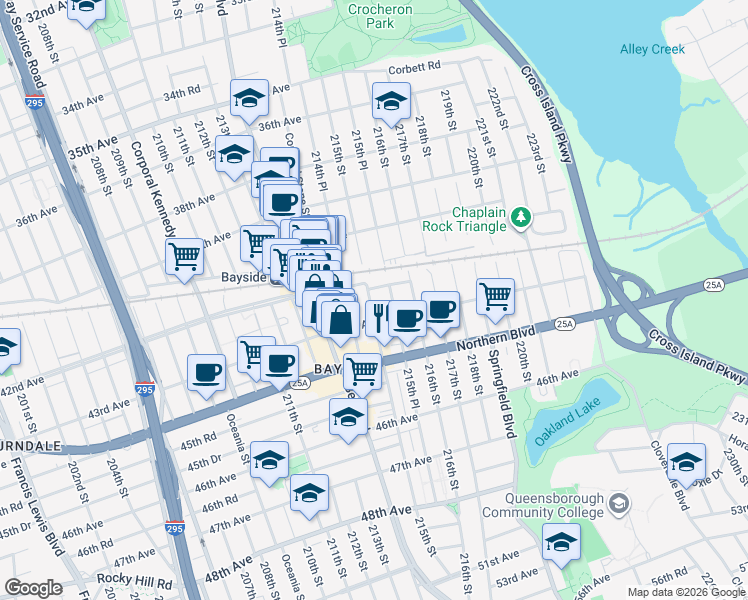 map of restaurants, bars, coffee shops, grocery stores, and more near 4216 214th Place in Queens