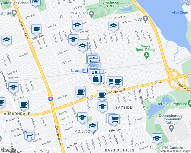 map of restaurants, bars, coffee shops, grocery stores, and more near 42-07 Bell Boulevard in Queens