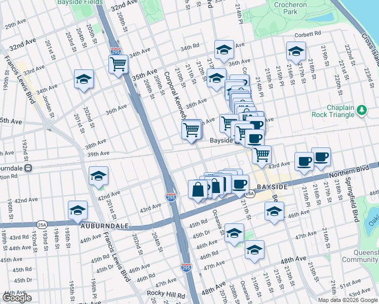 map of restaurants, bars, coffee shops, grocery stores, and more near 40-05 209th Street in Queens
