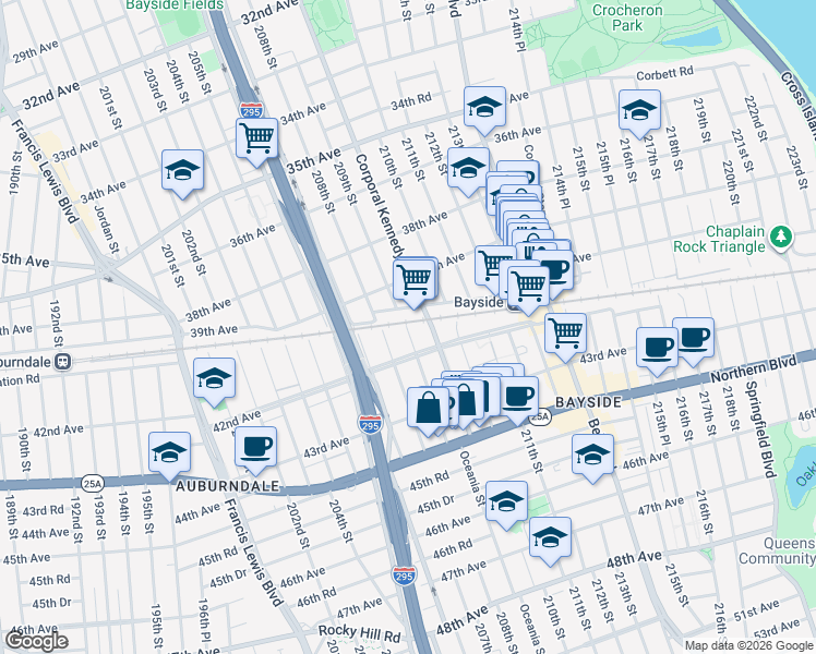 map of restaurants, bars, coffee shops, grocery stores, and more near 40-05 209th Street in Queens