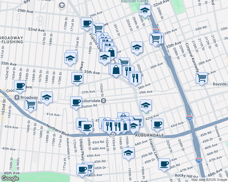 map of restaurants, bars, coffee shops, grocery stores, and more near 194-02 37th Avenue in Queens