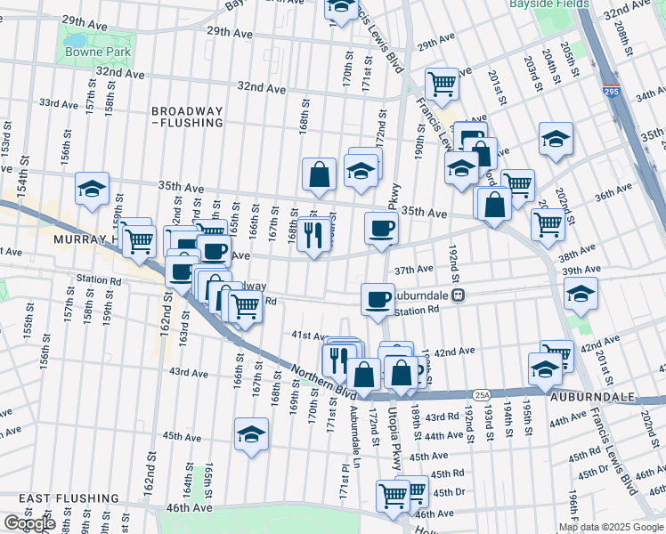map of restaurants, bars, coffee shops, grocery stores, and more near 36-4 171st Street in Queens