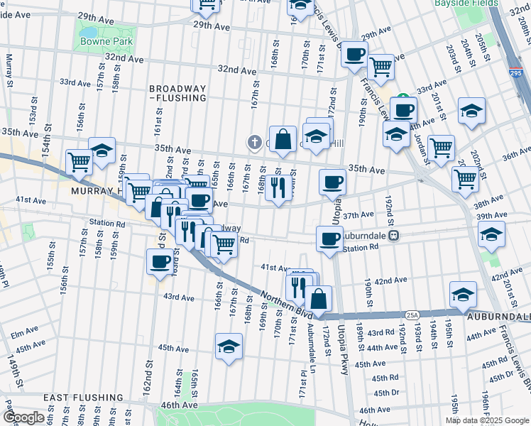 map of restaurants, bars, coffee shops, grocery stores, and more near 36-05 169th Street in Queens