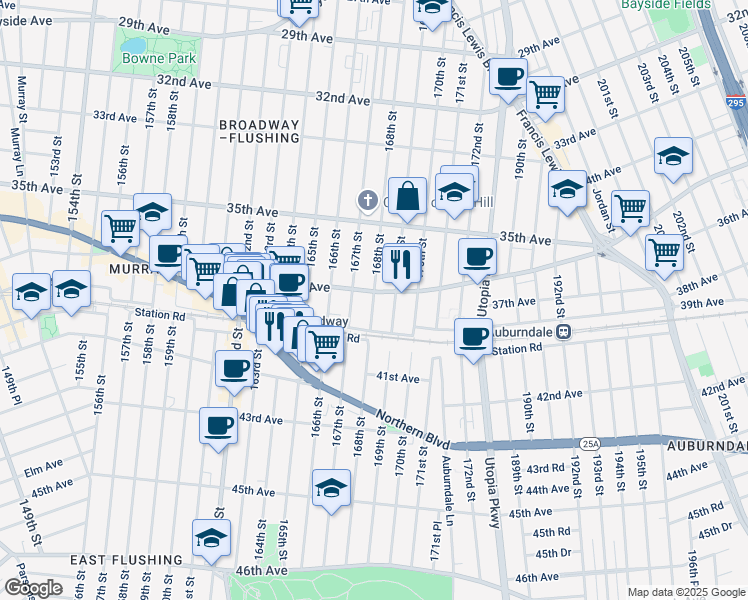 map of restaurants, bars, coffee shops, grocery stores, and more near 167-10 Crocheron Avenue in Queens