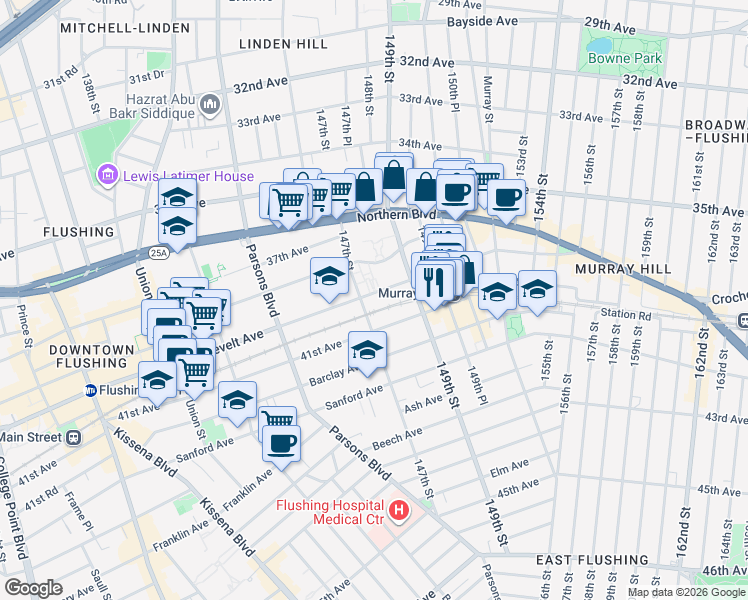 map of restaurants, bars, coffee shops, grocery stores, and more near 147-12 Roosevelt Avenue in Queens