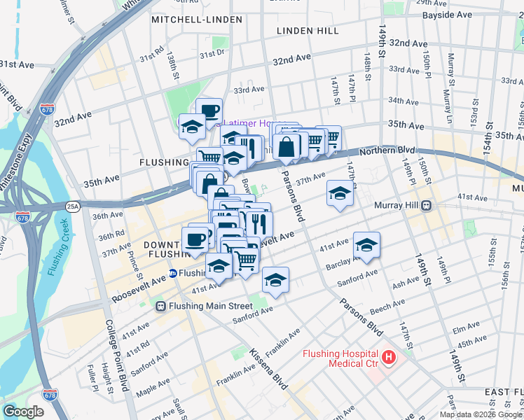 map of restaurants, bars, coffee shops, grocery stores, and more near 143-25 38th Avenue in Queens