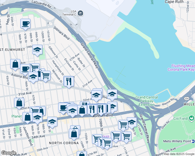 map of restaurants, bars, coffee shops, grocery stores, and more near in Queens