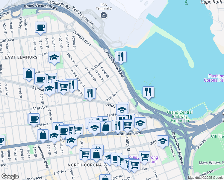 map of restaurants, bars, coffee shops, grocery stores, and more near 29-39 Curtis Street in Queens