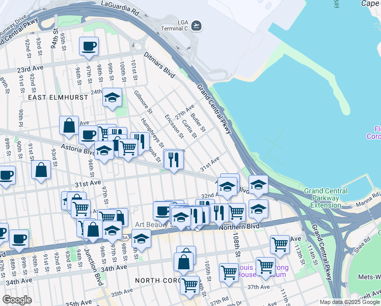 map of restaurants, bars, coffee shops, grocery stores, and more near 29-14 Ericsson Street in Queens