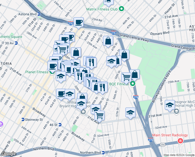 map of restaurants, bars, coffee shops, grocery stores, and more near 47-06 28th Avenue in Queens
