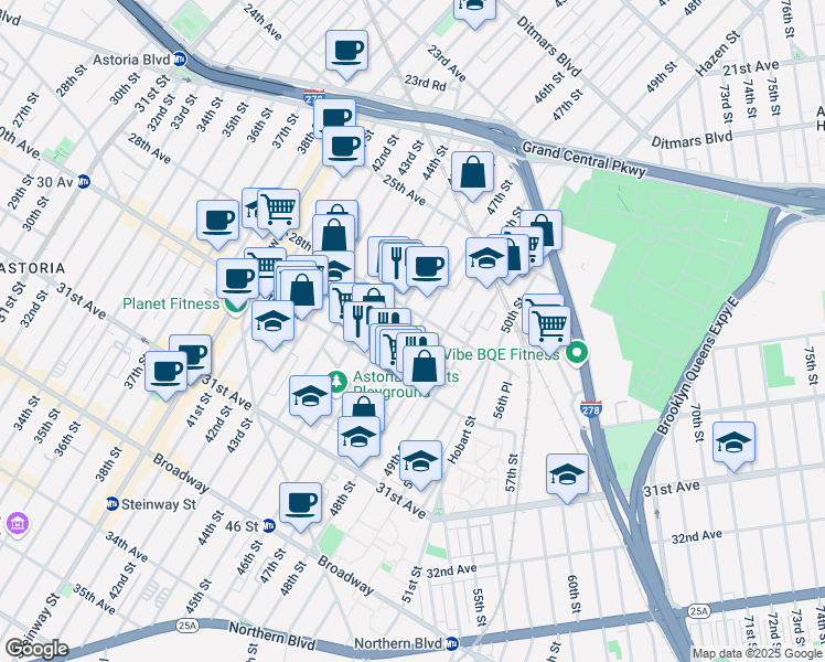 map of restaurants, bars, coffee shops, grocery stores, and more near 47-06 28th Avenue in Queens