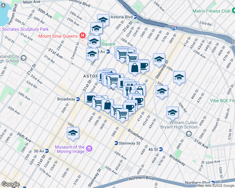 map of restaurants, bars, coffee shops, grocery stores, and more near 35-6 31st Avenue in Queens