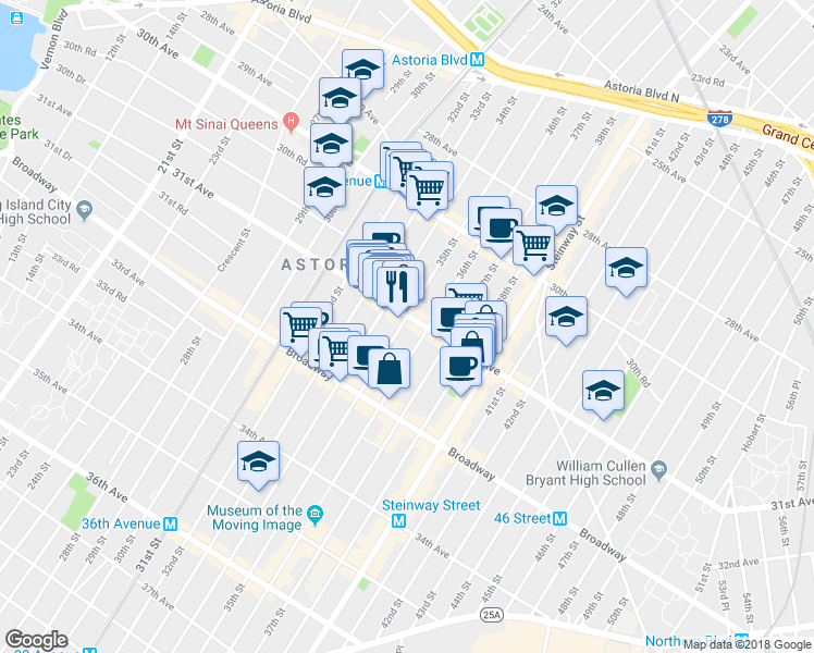 map of restaurants, bars, coffee shops, grocery stores, and more near 35-6 31st Avenue in Queens