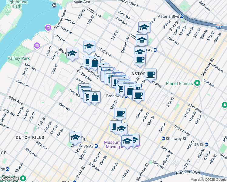 map of restaurants, bars, coffee shops, grocery stores, and more near 32-12 29th Street in Queens