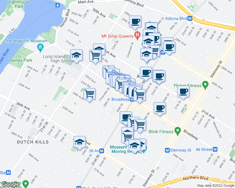 map of restaurants, bars, coffee shops, grocery stores, and more near 32-12 29th Street in Queens